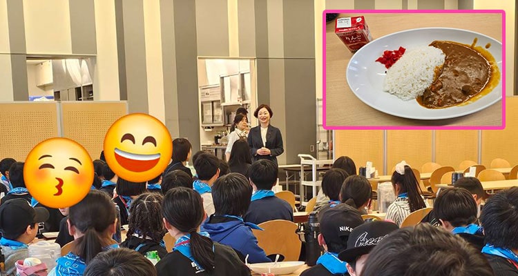 松戸六実第3小学校の国会見学であいさつする安藤じゅん子衆議院議員とお昼のカレー