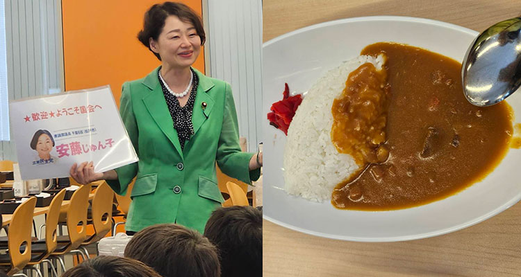 国会見学にきた小学生に挨拶する安藤じゅん子衆議院議員